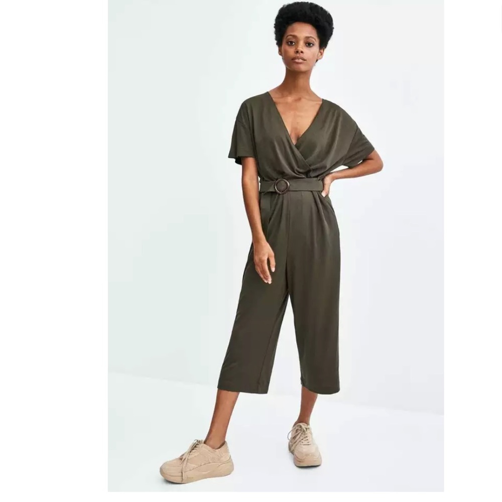 NWT Zara Belted Khaki Green Wrap Jumpsuit
